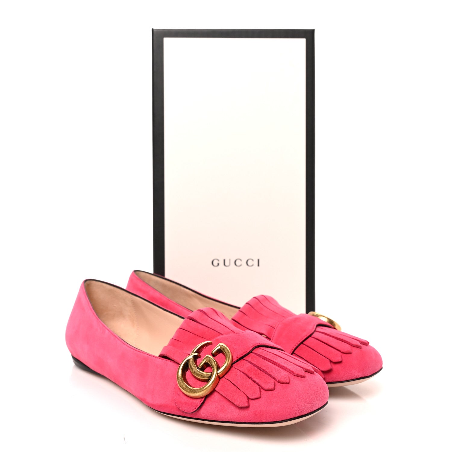 Gucci Kid Scamosciato GG Marmont Fringe Flats 38.5 Hot Pink 9 of 9