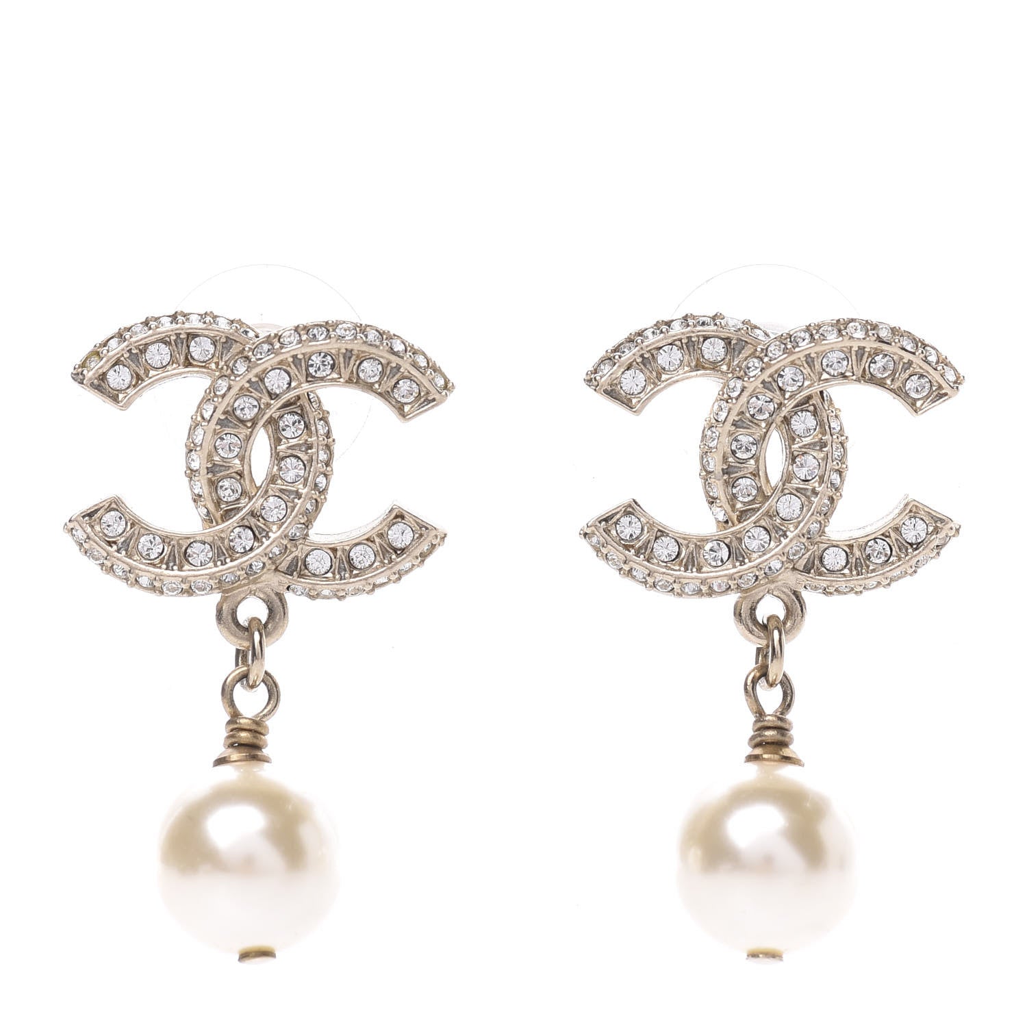 Chanel Crystal Pearl CC Drop Earrings Gold 1 of 5
