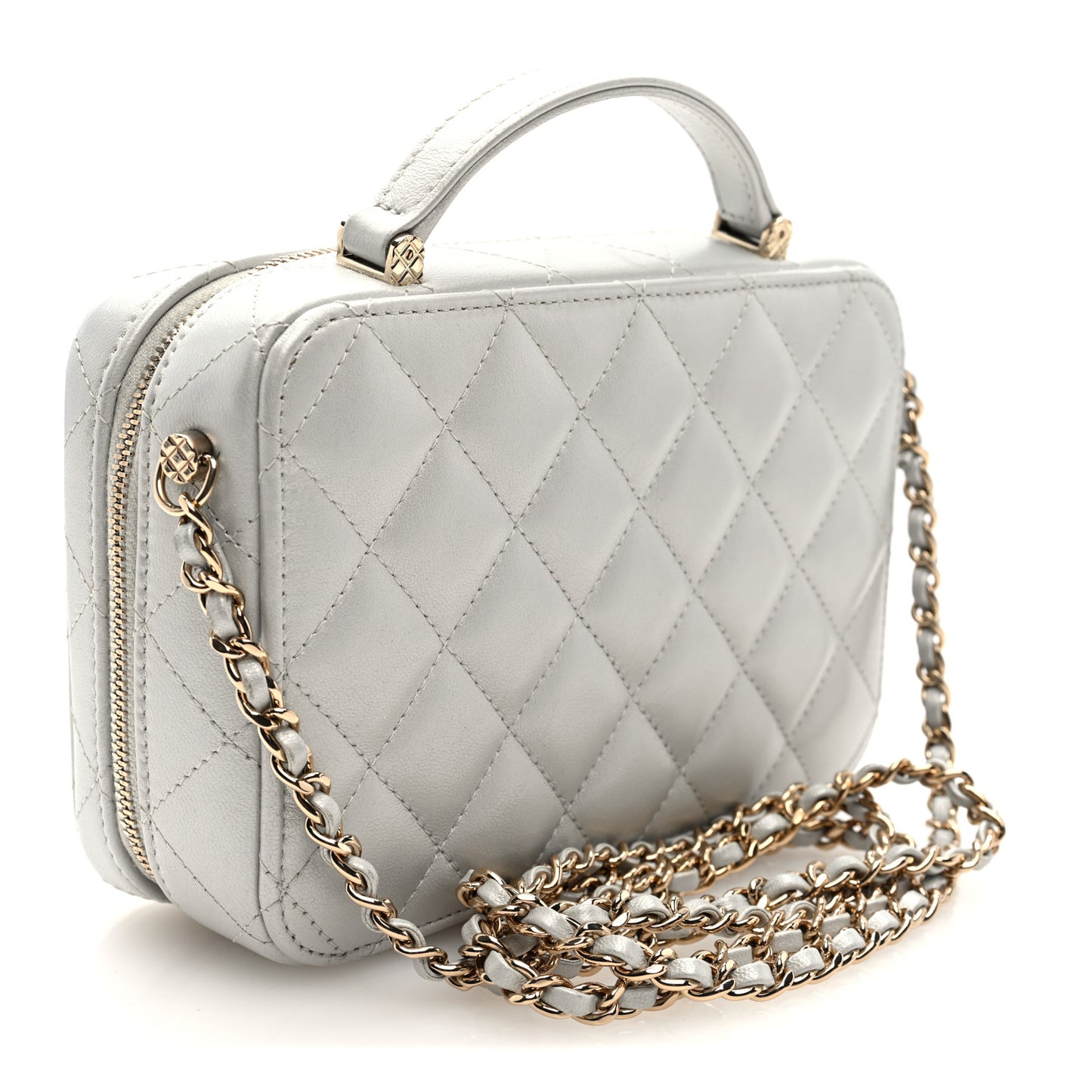 Metallic Lambskin Quilted Top Handle Vanity Case Silver