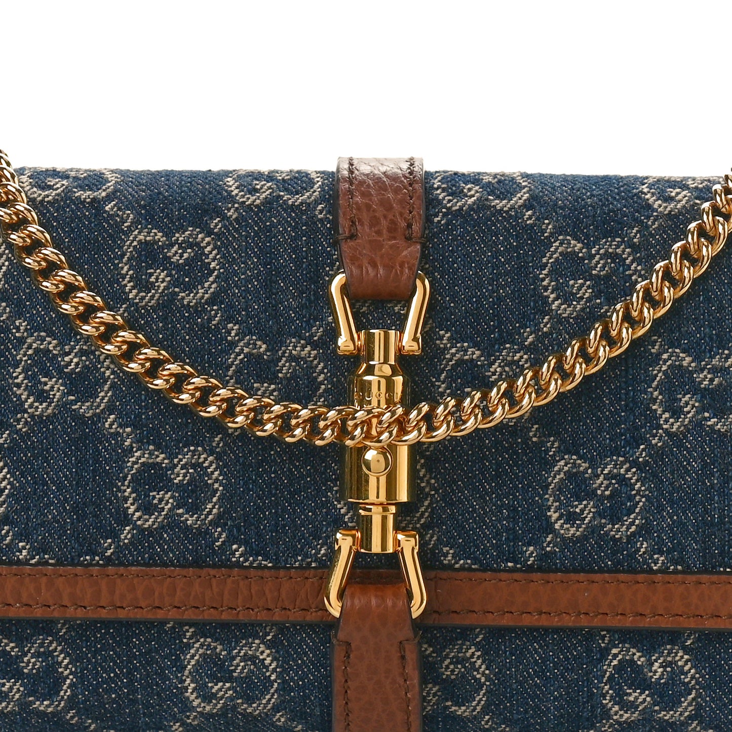 New Denim GG Monogram Jackie 1961 Chain Wallet Blue Tea Cuir
