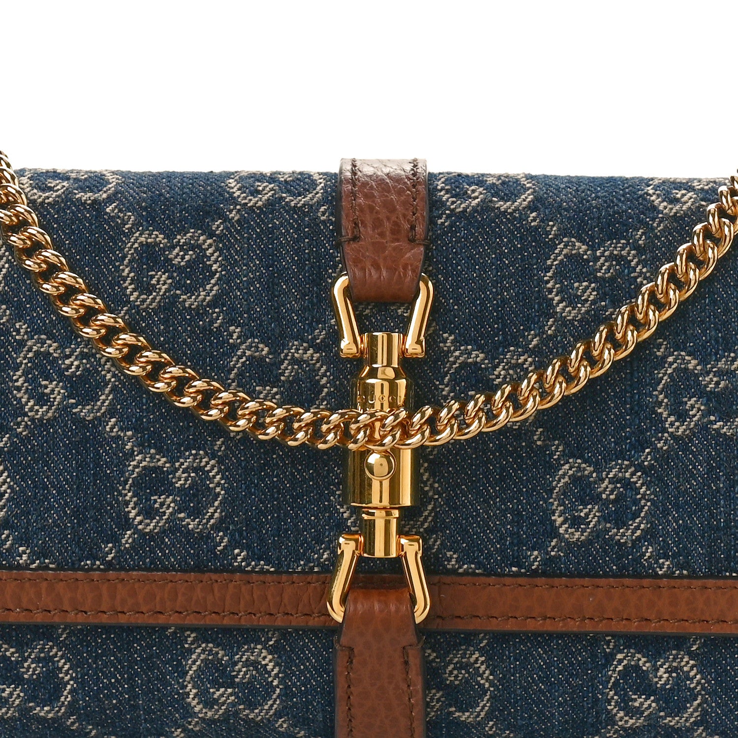 Gucci New Denim GG Monogram Jackie 1961 Chain Wallet Blue Tea Cuir 8 of 10