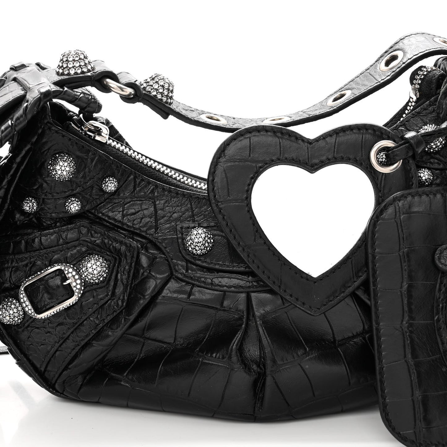 Extra Supple Calfskin Crystal Crocodile Embossed Le Cagole Shoulder Bag XS Black