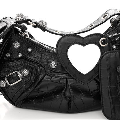 Balenciaga Extra Supple Calfskin Crystal Crocodile Embossed Le Cagole Shoulder Bag XS Black 7 of 9