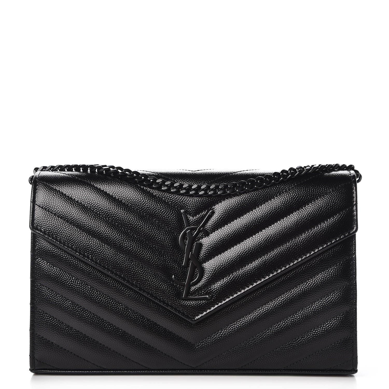 Saint Laurent Grain De Poudre Matelasse Chevron Monogram Chain Wallet Black 1 of 6