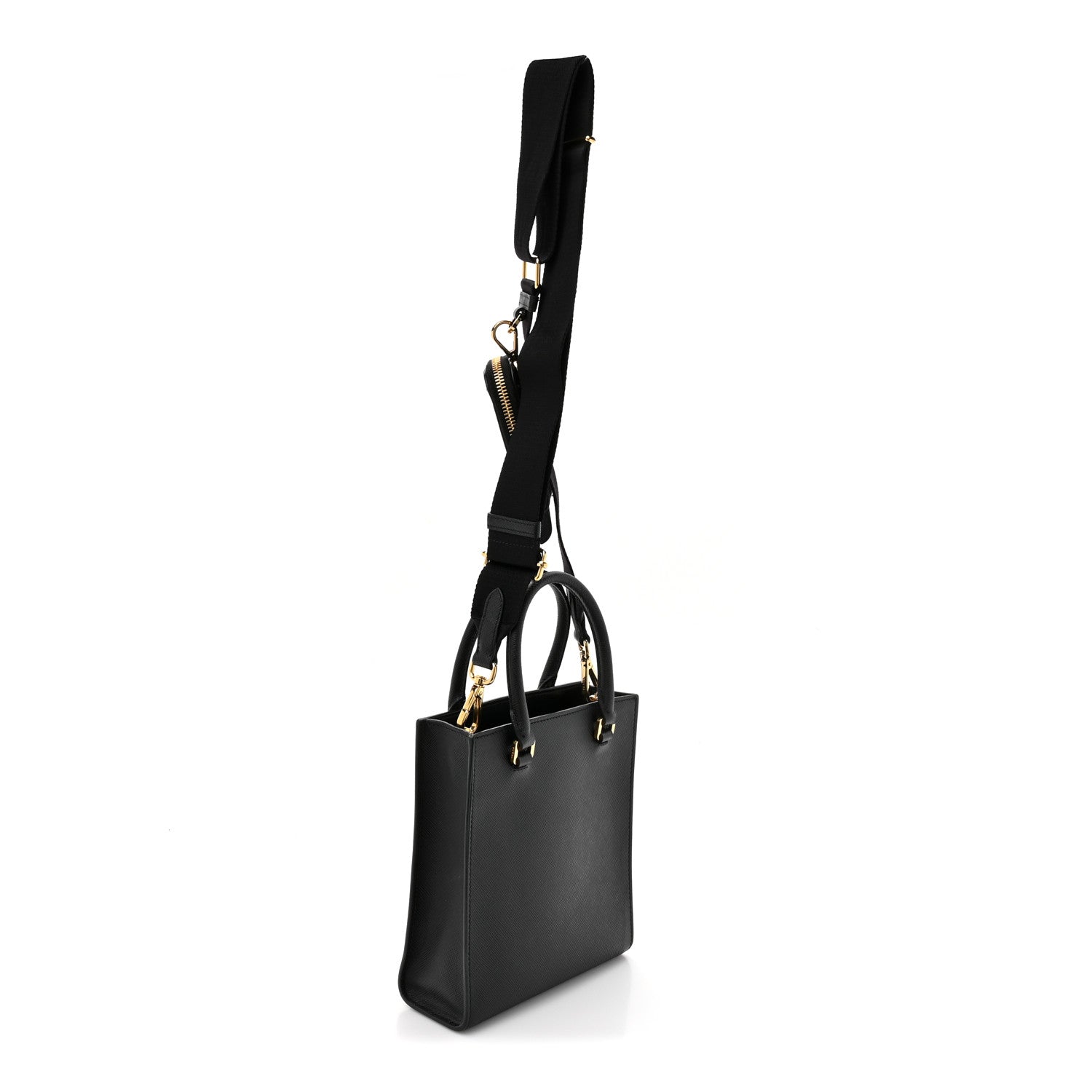 Prada Saffiano Lux Triangle Logo Embossed Small Double Handle Crossbody Tote Black 3 of 11