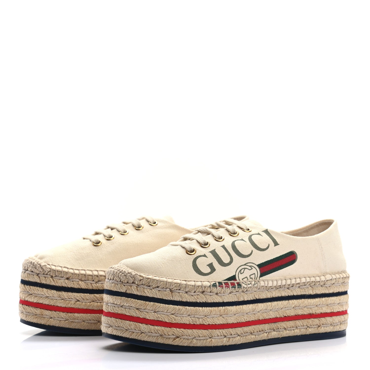 Gucci Canvas Logo Lace-Up Platform Espadrilles 36 Greggio Grege 3 of 9
