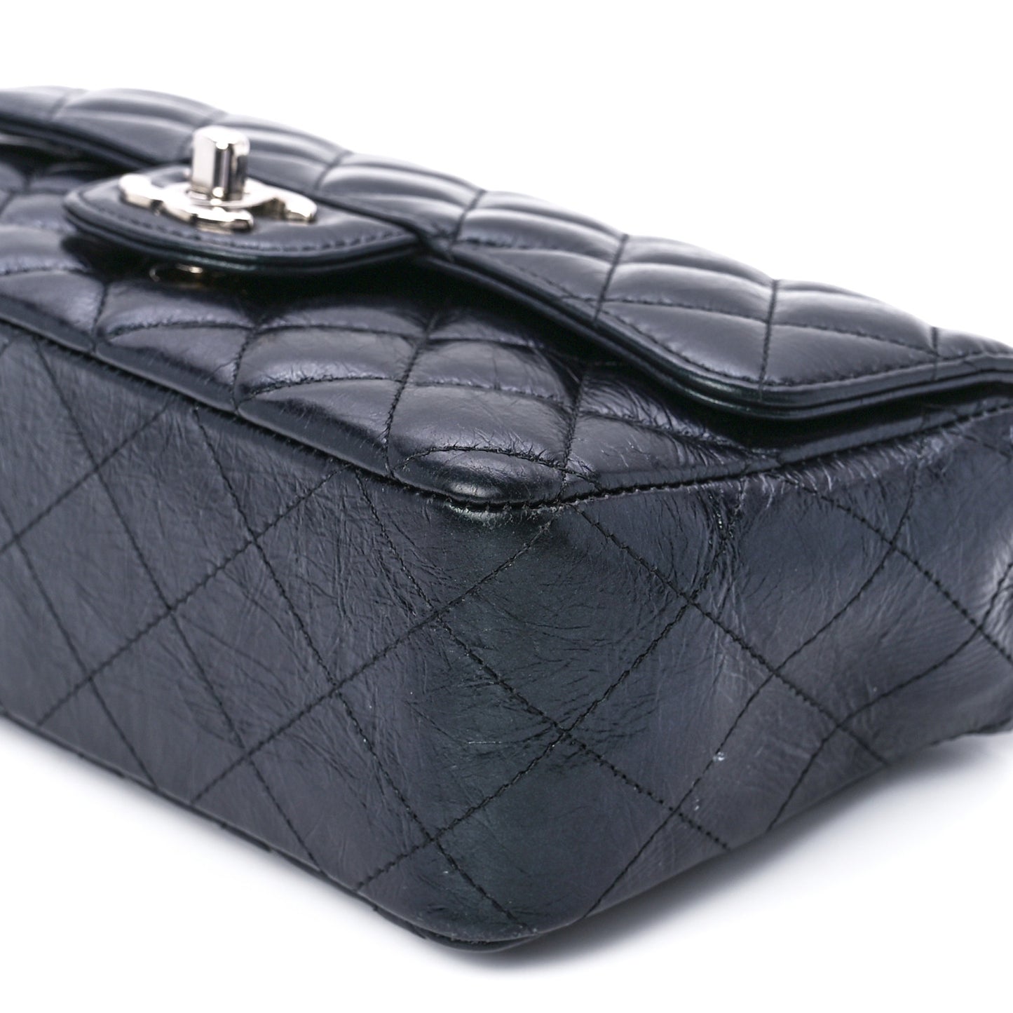 Iridescent Crumpled Calfskin Quilted Mini Rectangular Flap Black