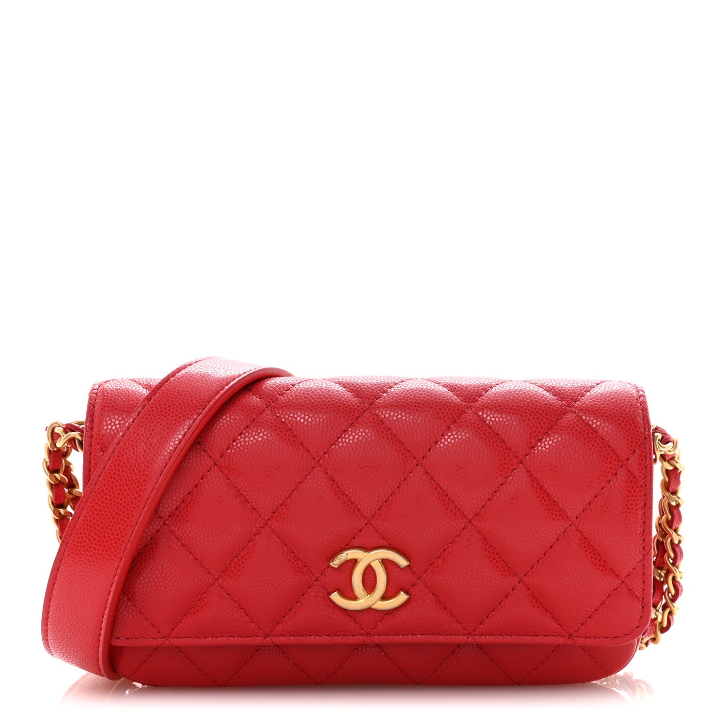 Chanel Caviar Quilted Yours Buttons Phone Holder With Chain Red 1 of 11