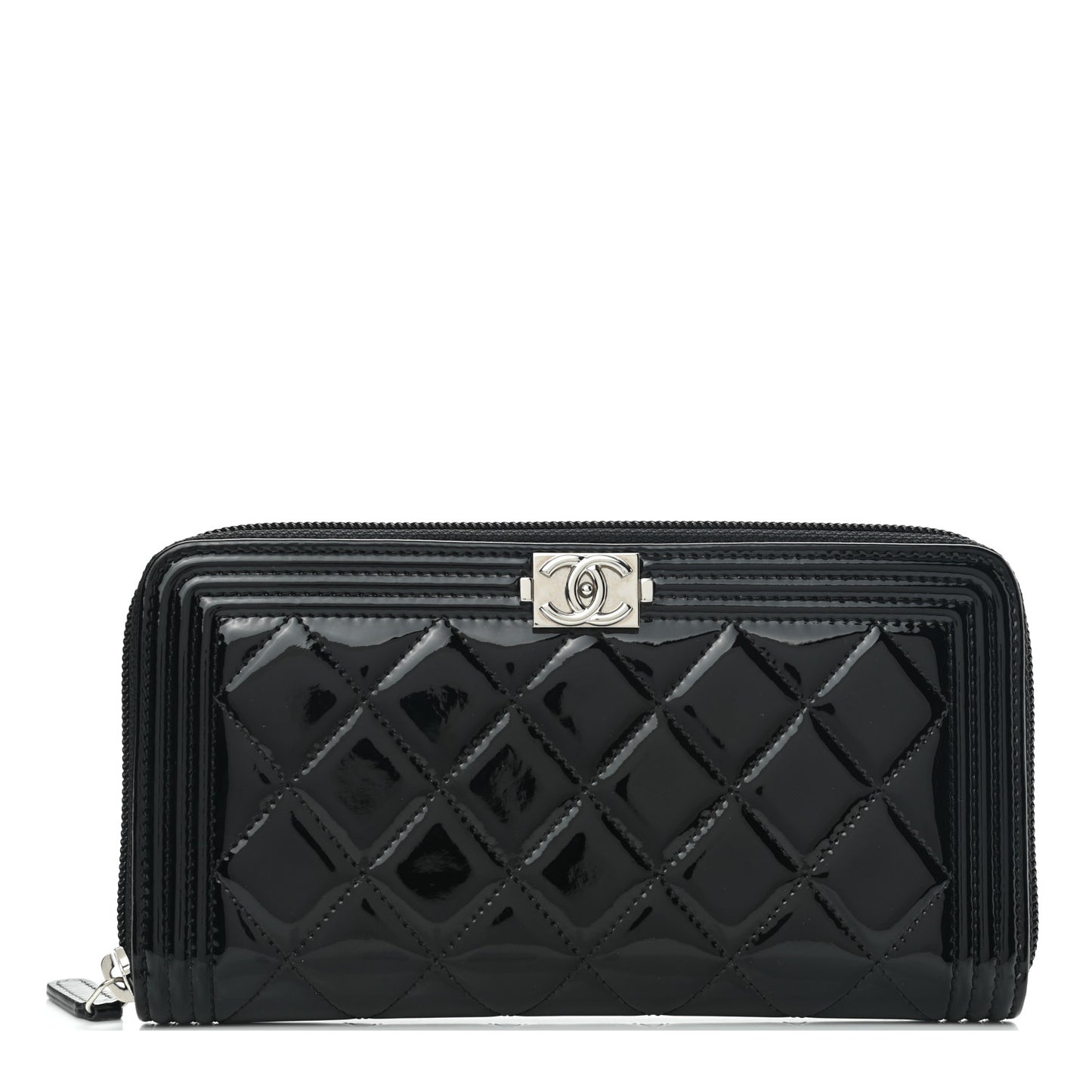 Patent Calfskin Quilted Boy L-Gusset Zip Wallet Black