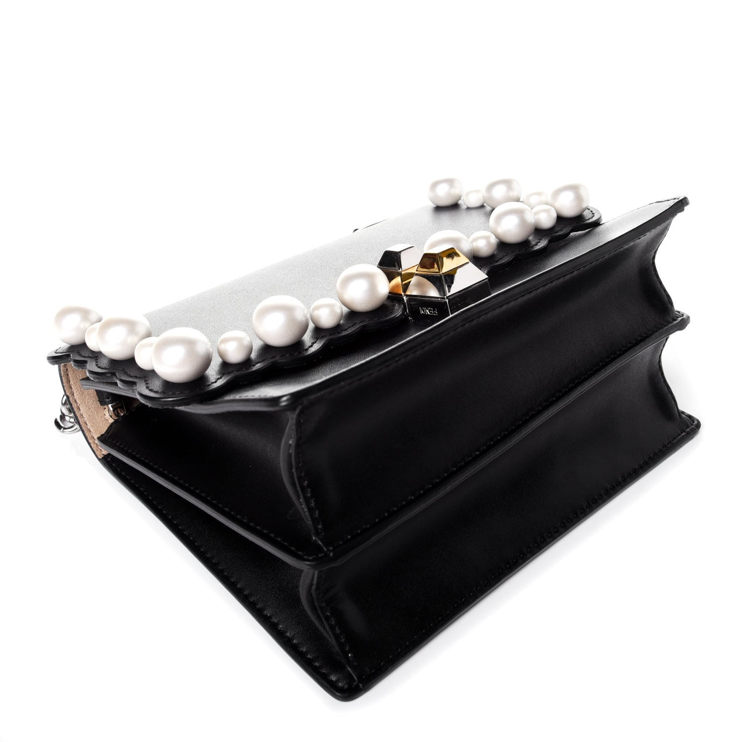 Fendi Vitello Liberty Pearl Scalloped Studded Small Kan I Shoulder Bag Black 4 of 9
