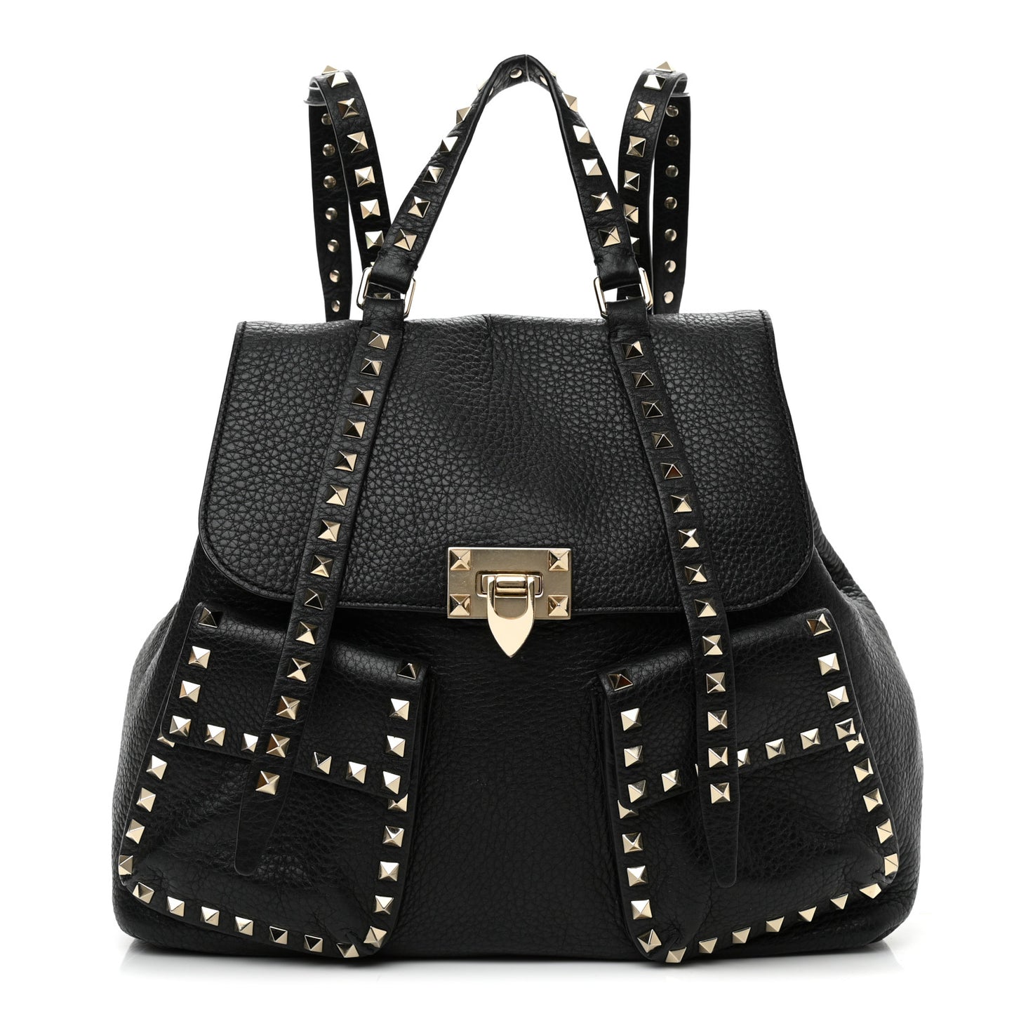 Pebbled Calfskin Rockstud Double Pocket Backpack Black