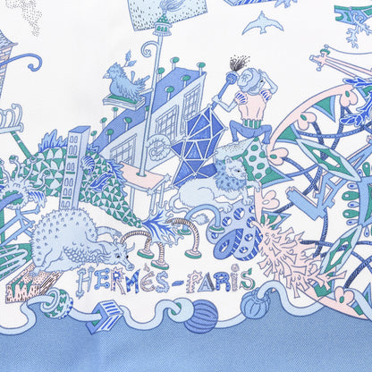 Hermes Silk Twill La Folle Parade Scarf 90 Bleu Jean White Rose 2 of 5