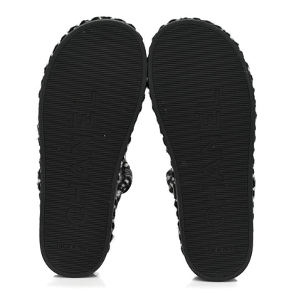 Chanel Cord Lambskin Quilted Logo Sandals 37 Black White 5 of 8