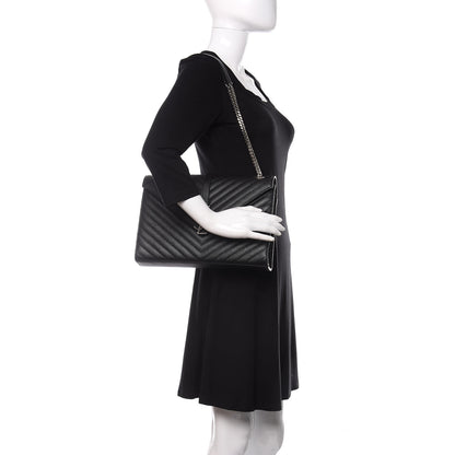 Saint Laurent Grain De Poudre Matelasse Chevron Large Monogram Satchel Black 2 of 9