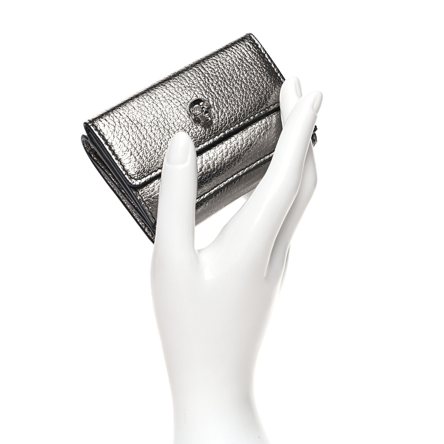 Metallic Calfskin Skull Short Flap Wallet Silver