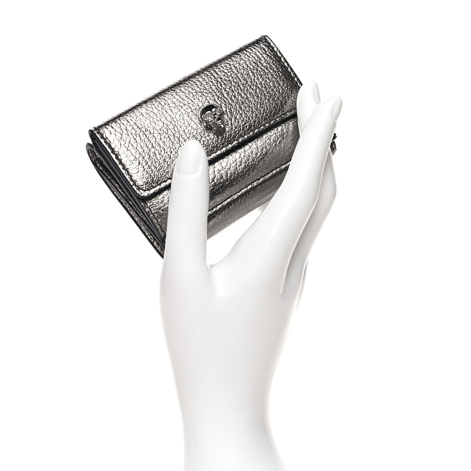 Alexander McQueen Metallic Calfskin Skull Short Flap Wallet Silver 2 of 9