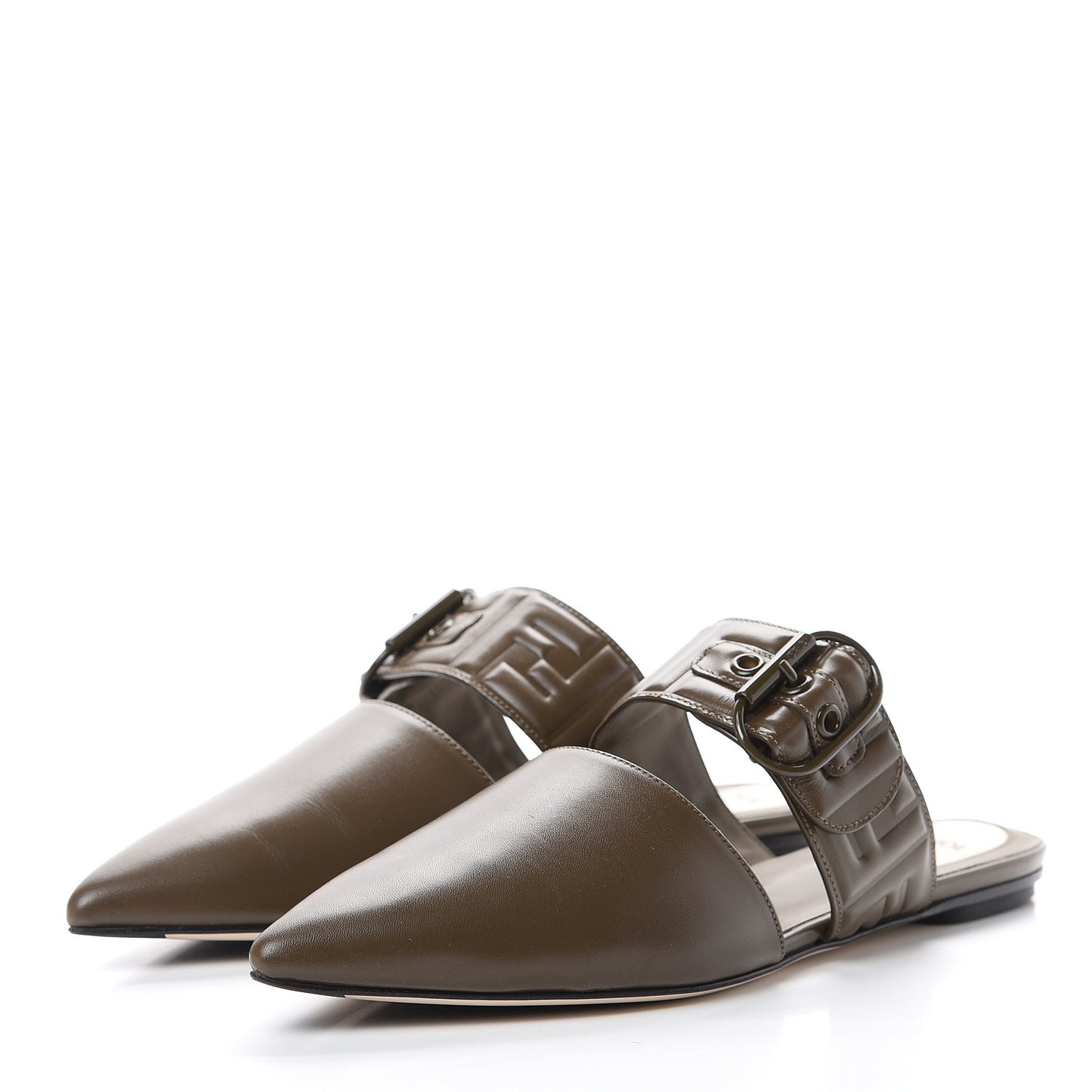 Vitello FF Embossed Buckle Flat Mules 39.5 Wood