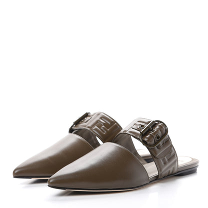 Fendi Vitello FF Embossed Buckle Flat Mules 39.5 Wood 3 of 10