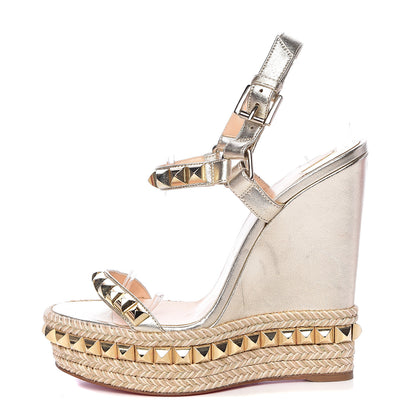 Christian Louboutin Nappa Silk Cataclou 140 Wedge Sandals 37 Sahara Light Gold 1 of 11