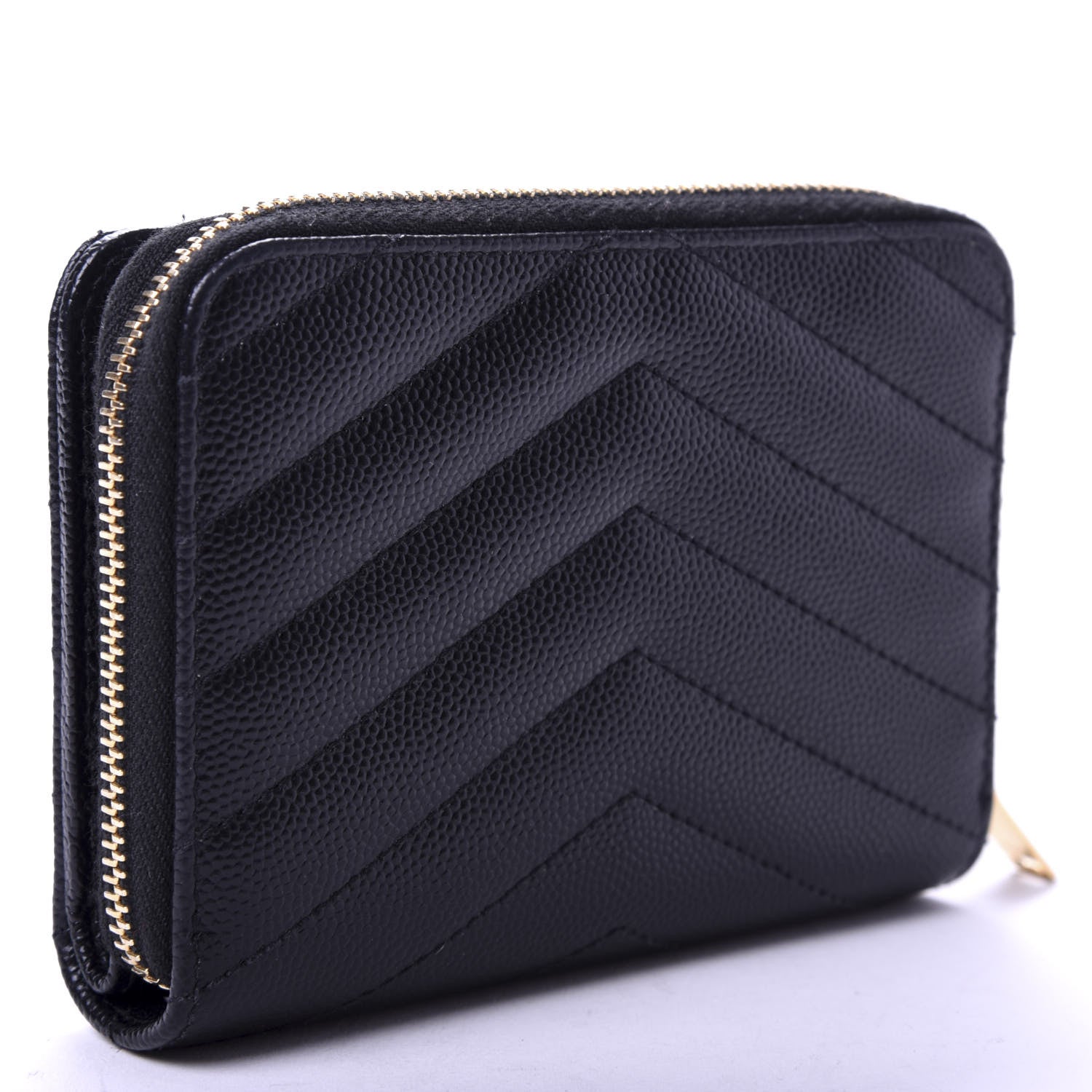 Saint Laurent Grain De Poudre Matelasse Chevron Monogram Compact Zip Around Wallet Black 2 of 8