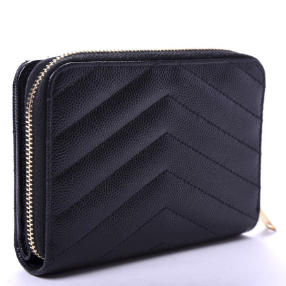 Saint Laurent Grain De Poudre Matelasse Chevron Monogram Compact Zip Around Wallet Black 2 of 8