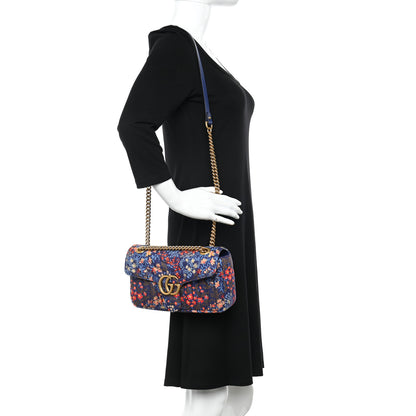Gucci Cotton Calfskin Matelasse Floral Print Small GG Marmont Shoulder Bag Blue Red Deep Ocean Blue 2 of 12