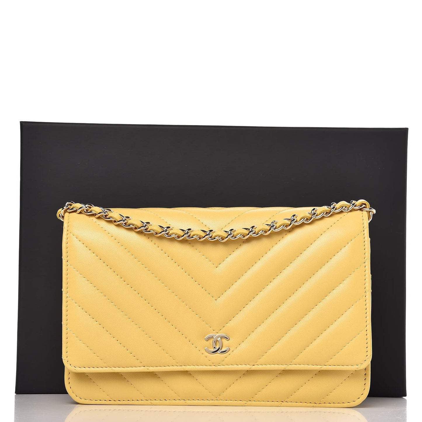 Lambskin Chevron Quilted Wallet On Chain WOC Yellow