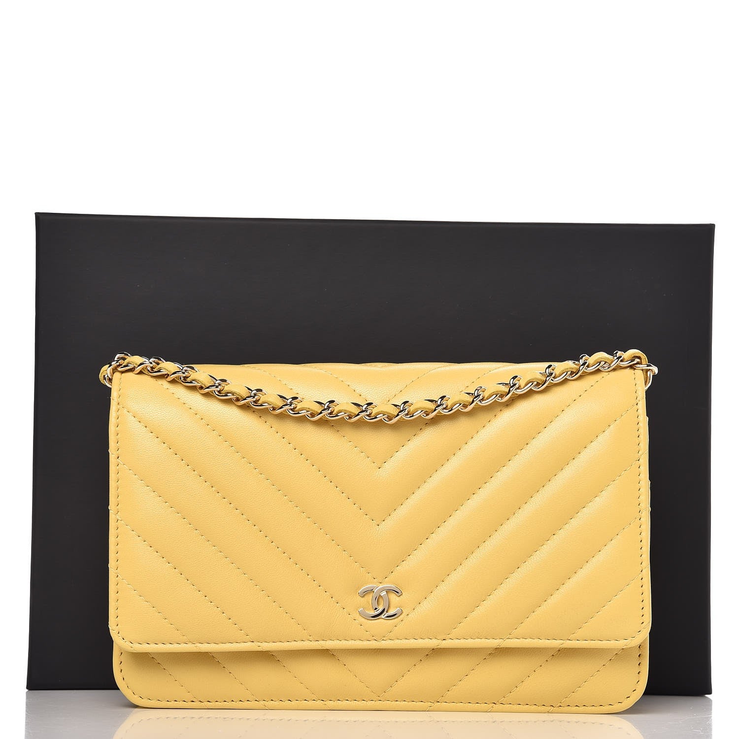 Chanel Lambskin Chevron Quilted Wallet On Chain WOC Yellow 9 of 9
