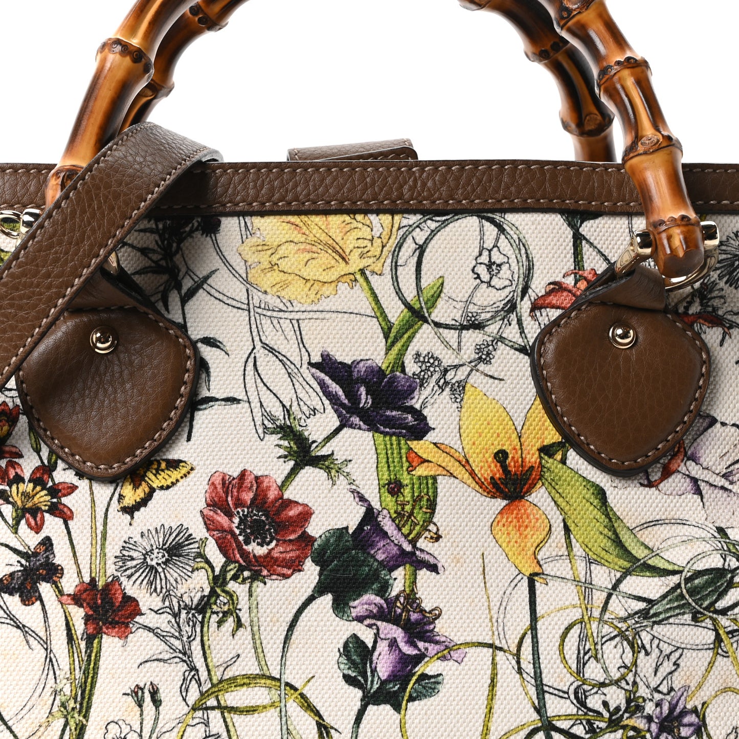Canvas Floral Small Diana Bamboo Handle Bag Brown