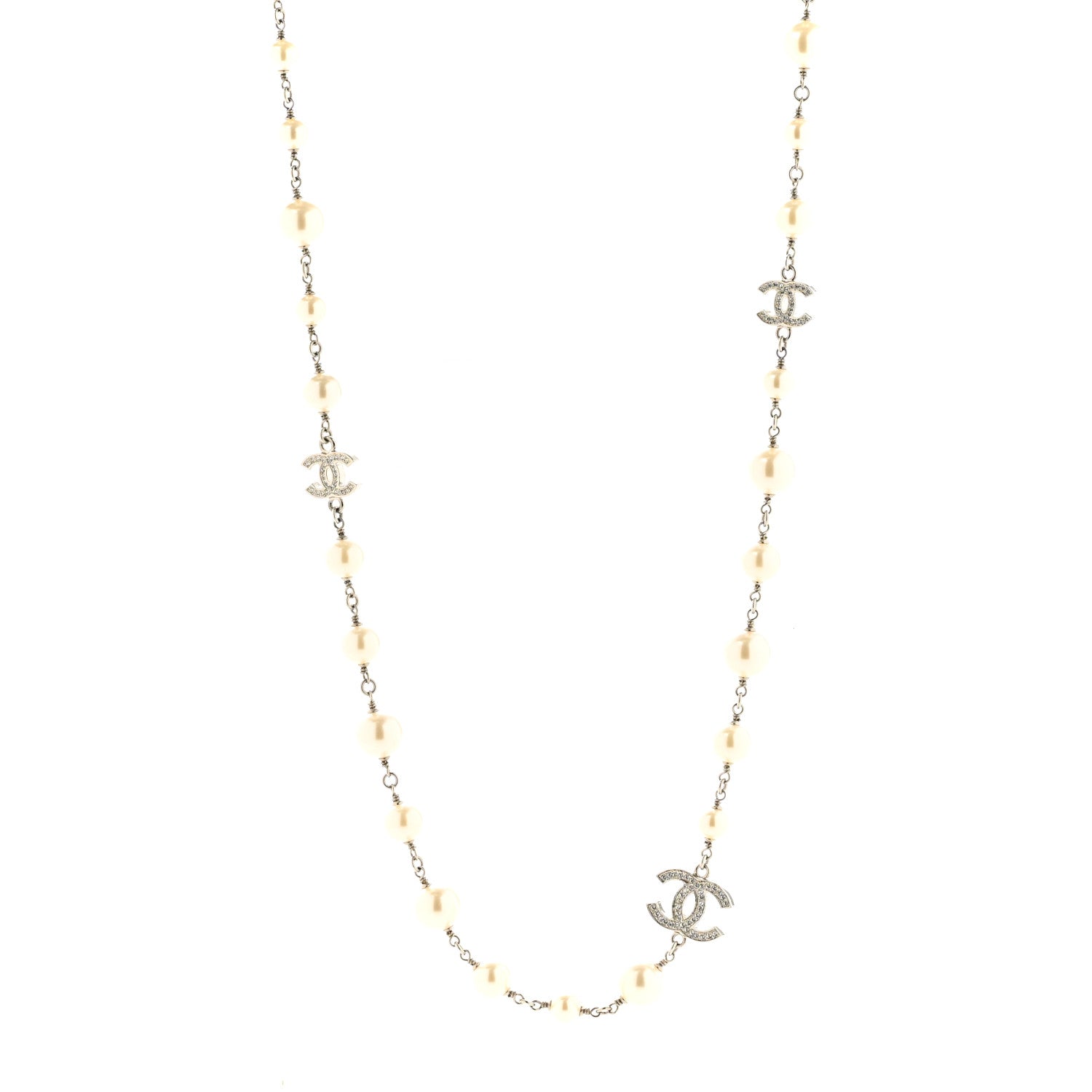 Chanel Graduated Pearl Crystal CC Long Necklace Silver 1 of 6