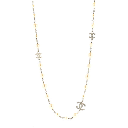 Chanel Graduated Pearl Crystal CC Long Necklace Silver 1 of 6