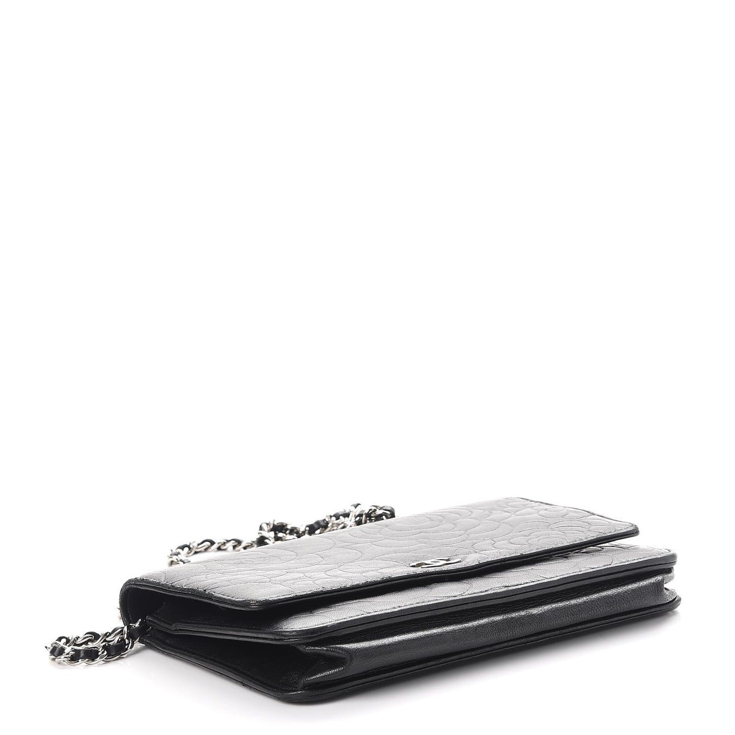 Lambskin Camellia Embossed Wallet On Chain WOC Black