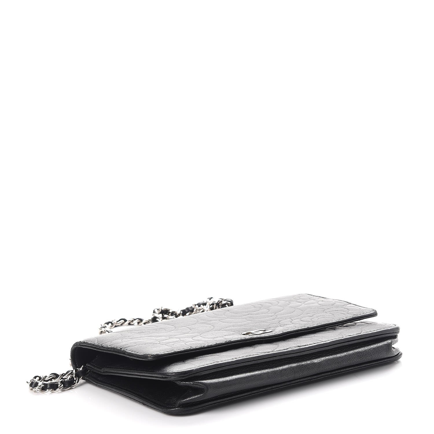 Chanel Lambskin Camellia Embossed Wallet On Chain WOC Black 4 of 14