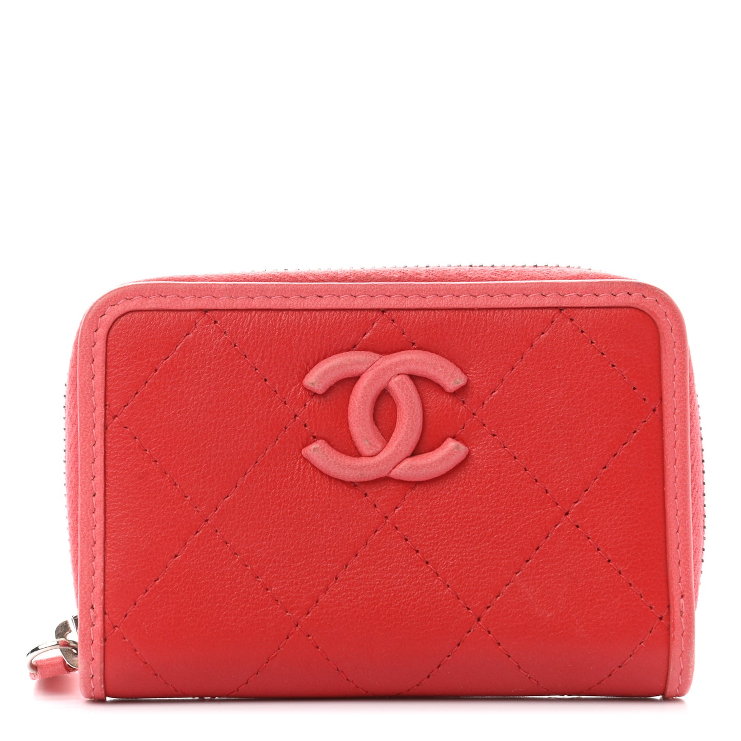 Calfskin Quilted Bi-Color Zip Coin Purse Red Pink