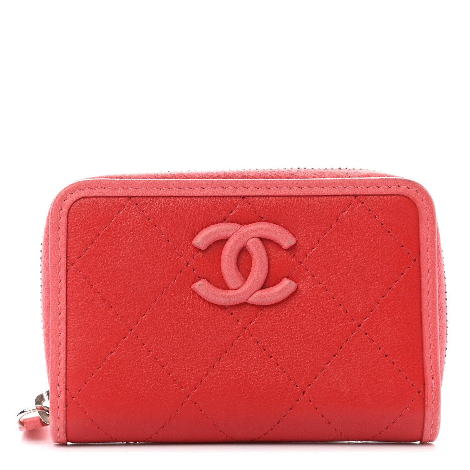Chanel Calfskin Quilted Bi-Color Zip Coin Purse Red Pink 1 of 9