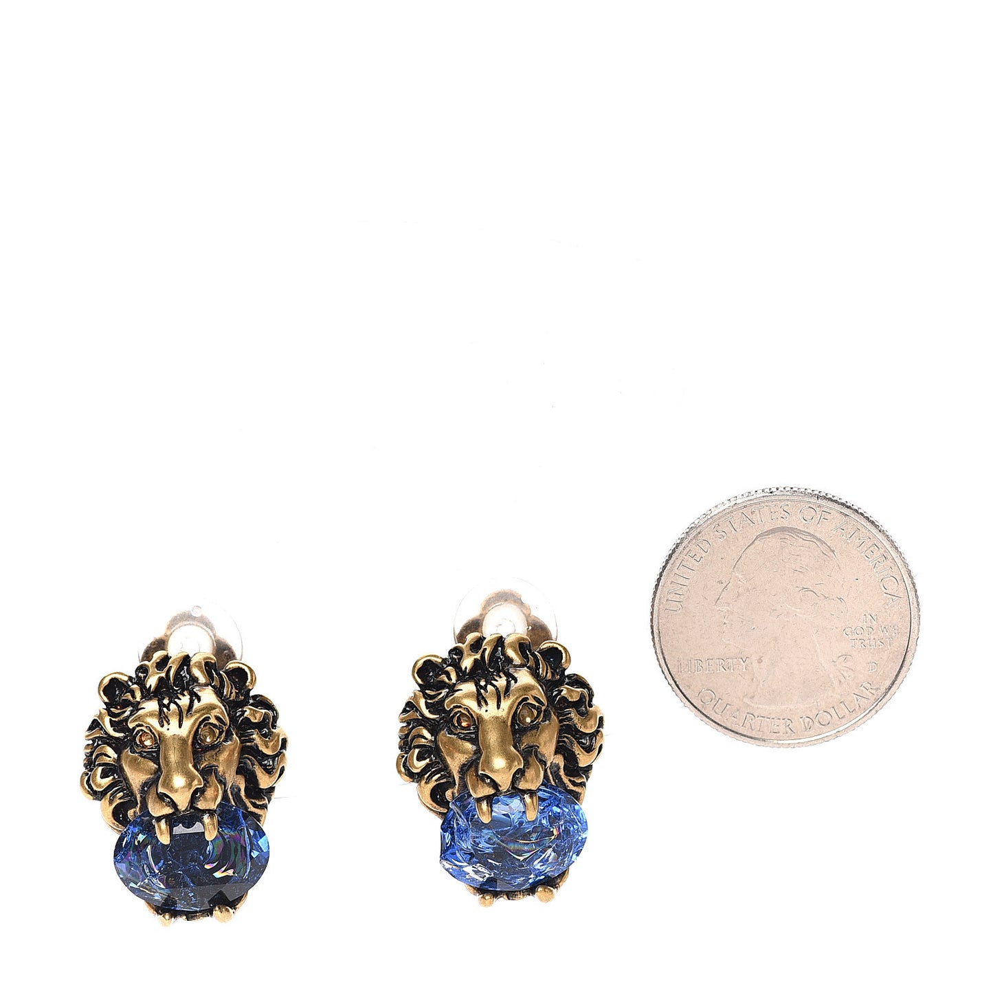Metal Crystal Lion Clip On Earrings Aged Gold Blue