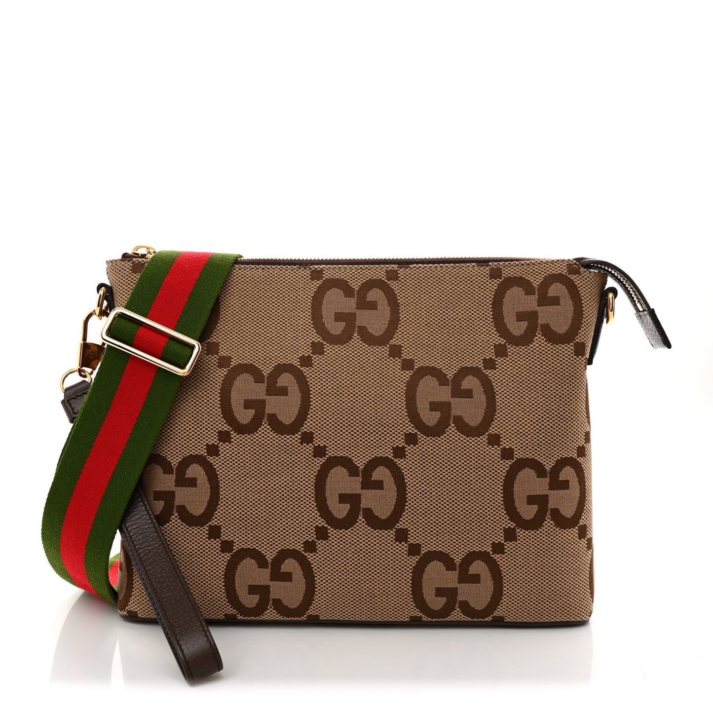 Monogram Jumbo GG Textured Dollar Calfskin Web Wristlet Messenger Bag  Camel Ebony New Acero