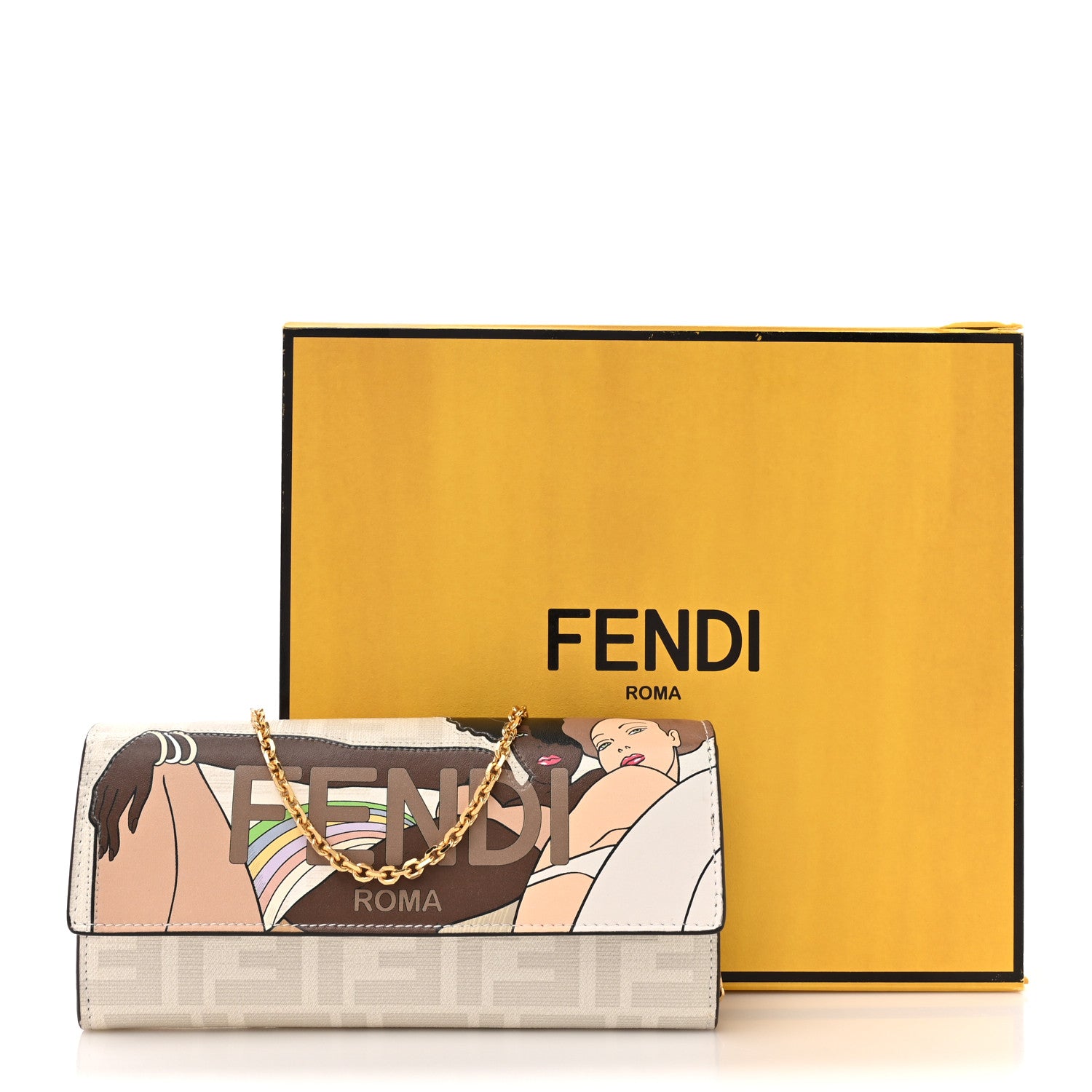 Fendi Glazed Fabric Vitello Liberty FF Logo Bikini Girls Inlay Continental Wallet On Chain Bianco Perla Multicolor 15 of 15