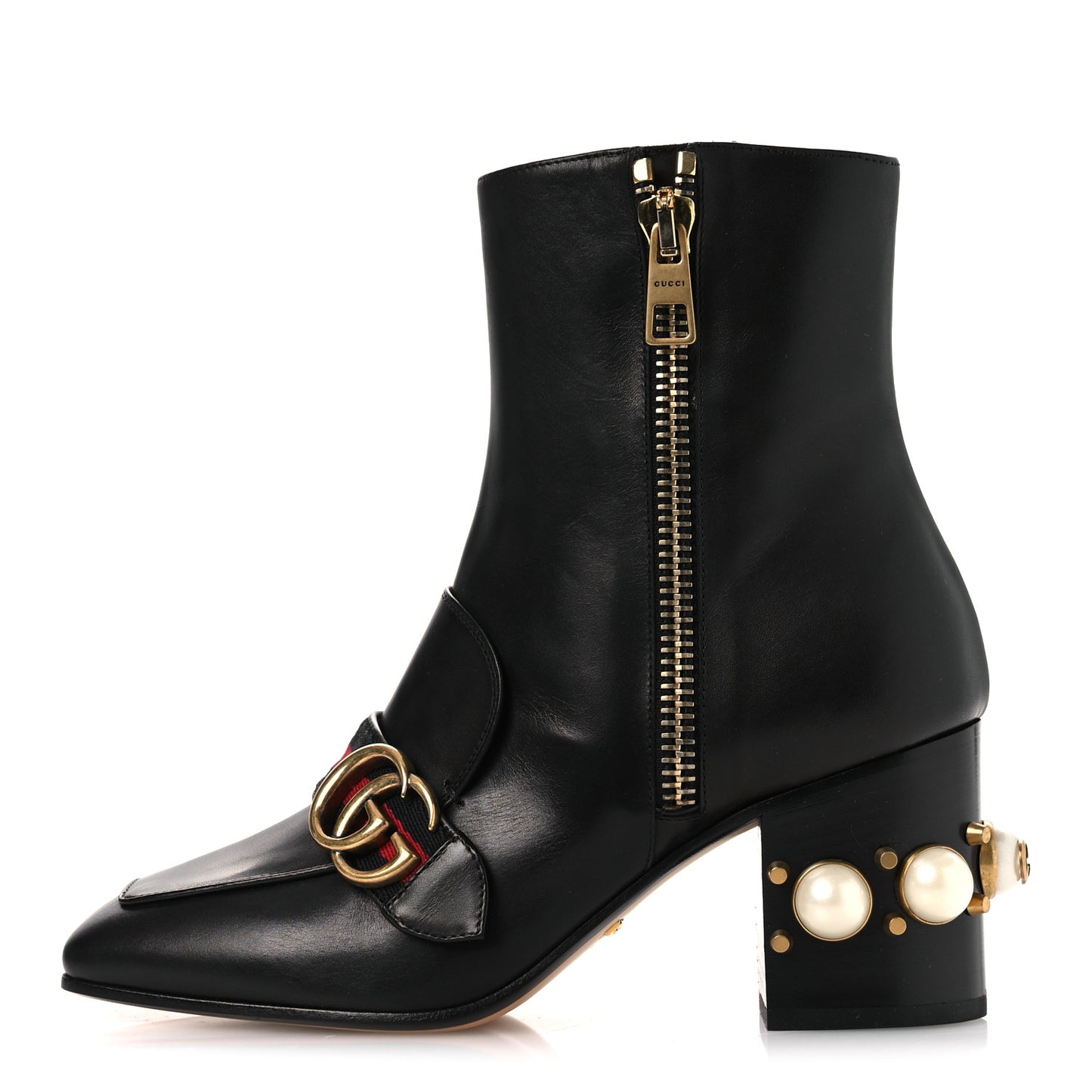 Betis Glamour Calfskin Web Pearl Embellished Peyton 75mm Ankle Boots 37 Black