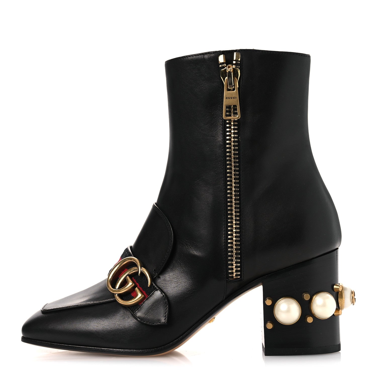 Gucci Betis Glamour Calfskin Web Pearl Embellished Peyton 75mm Ankle Boots 37 Black 1 of 12