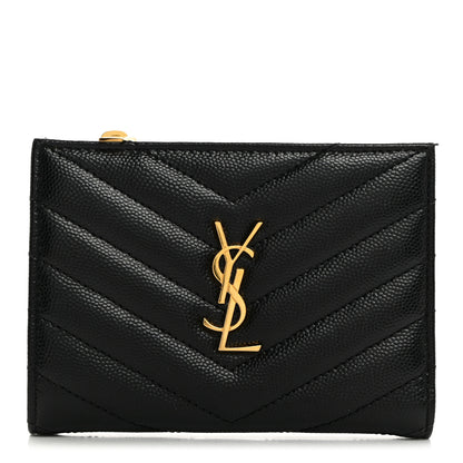 Saint Laurent Grain De Poudre Matelasse Chevron Monogram Zipped Two-Part Wallet Black 1 of 8
