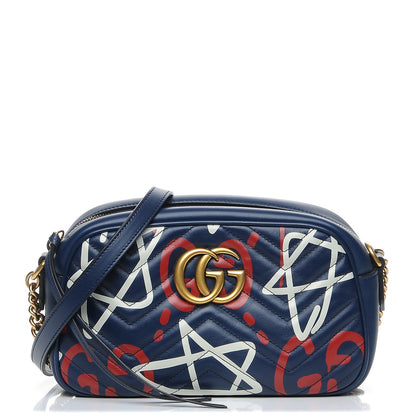 Gucci Calfskin Matelasse GucciGhost Small GG Marmont Chain Shoulder Bag Blue Agata Hibiscus Red 1 of 8