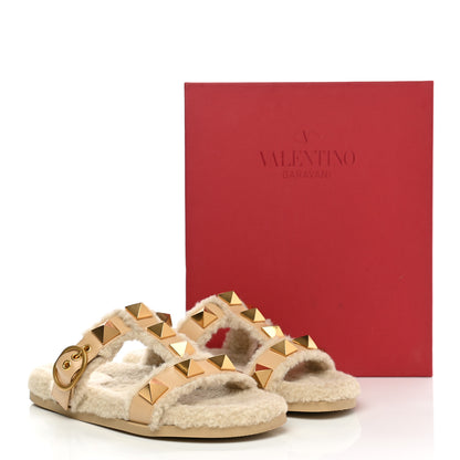 Valentino Garavani Shearling Roman Stud Slide Sandals 37 Sahara Beige 8 of 8