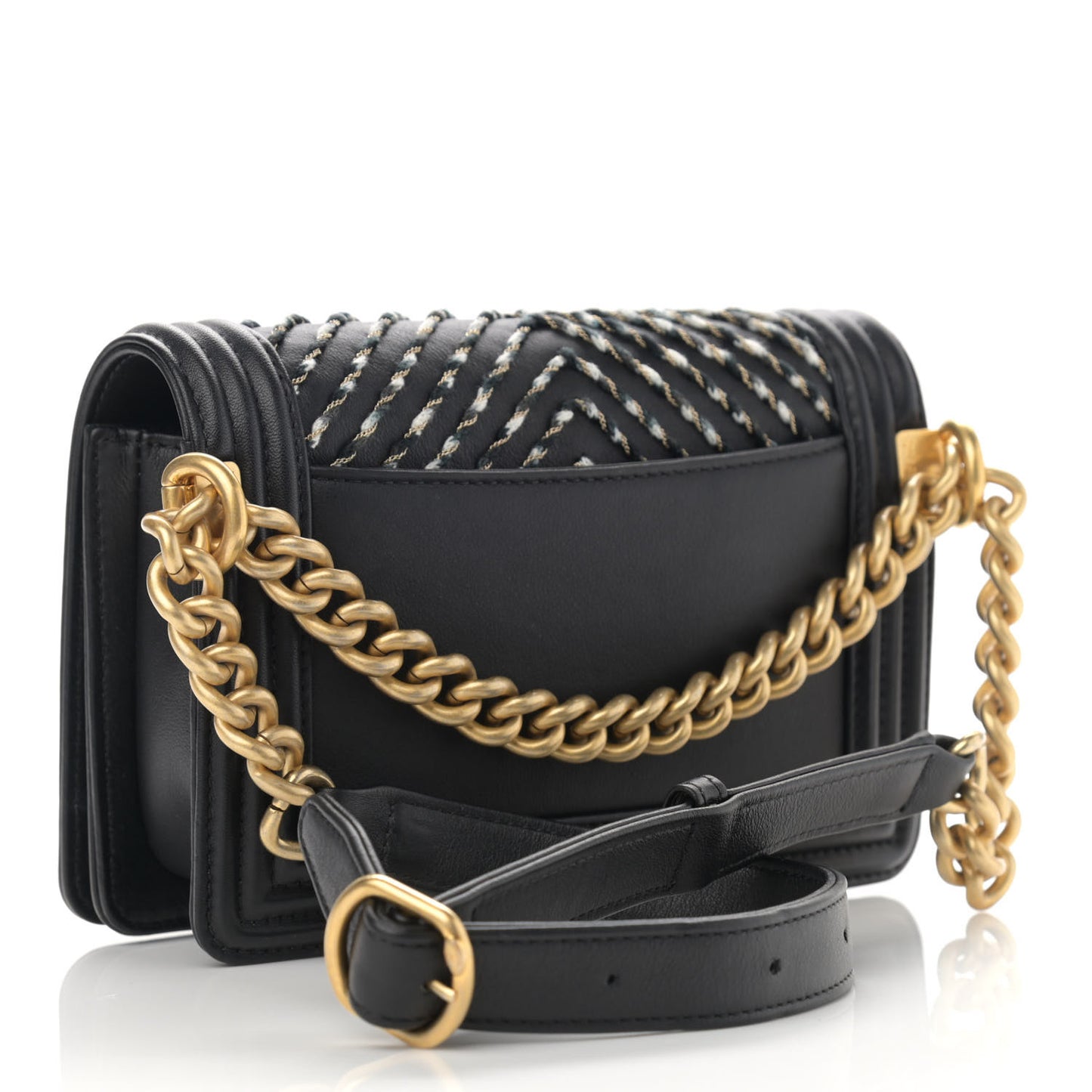 Calfskin Chevron Embroidered Boy By The Sea Flap Waist Belt Bag Black