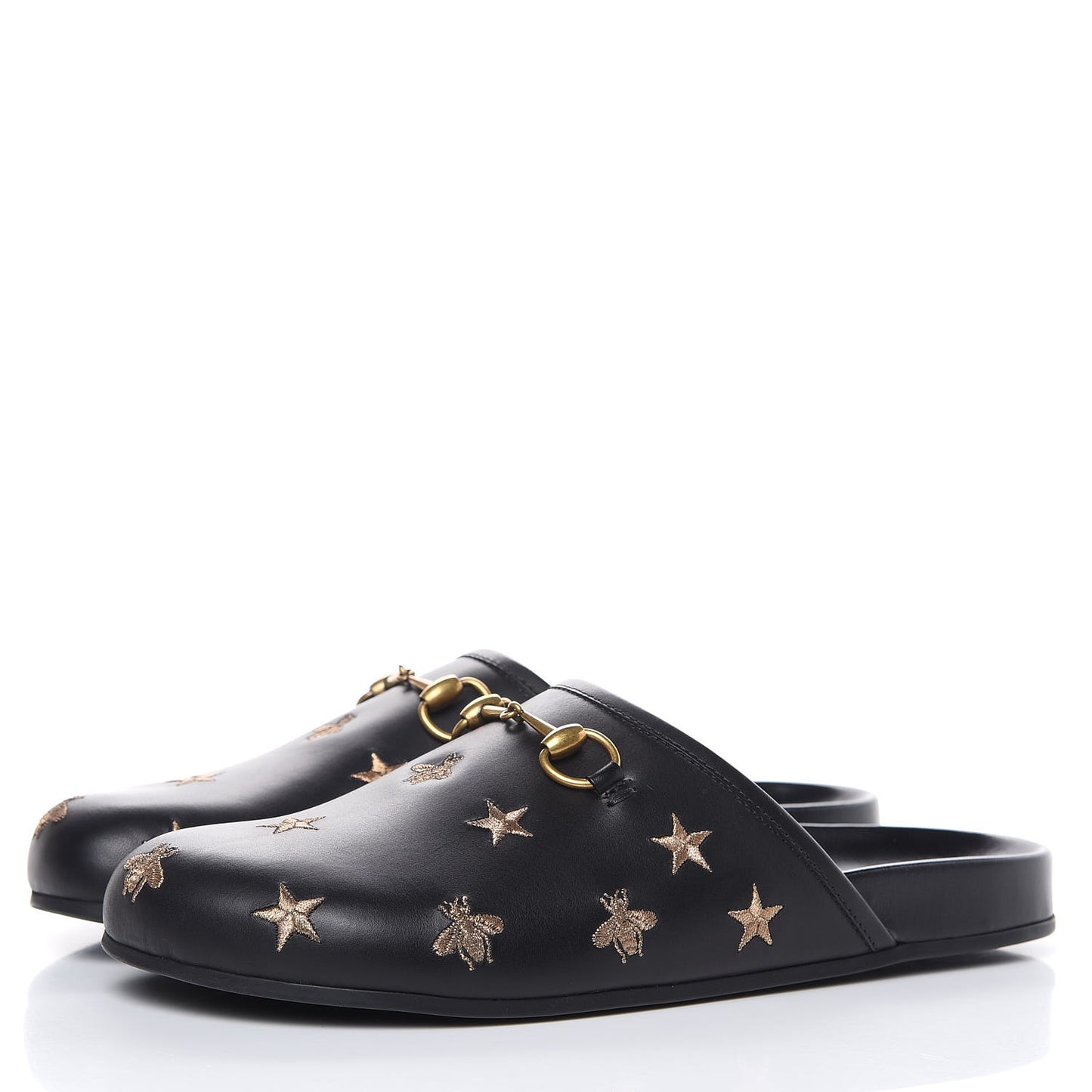 Calfskin Bee Star Embroidered Mens Horsebit River Slippers 10 Black
