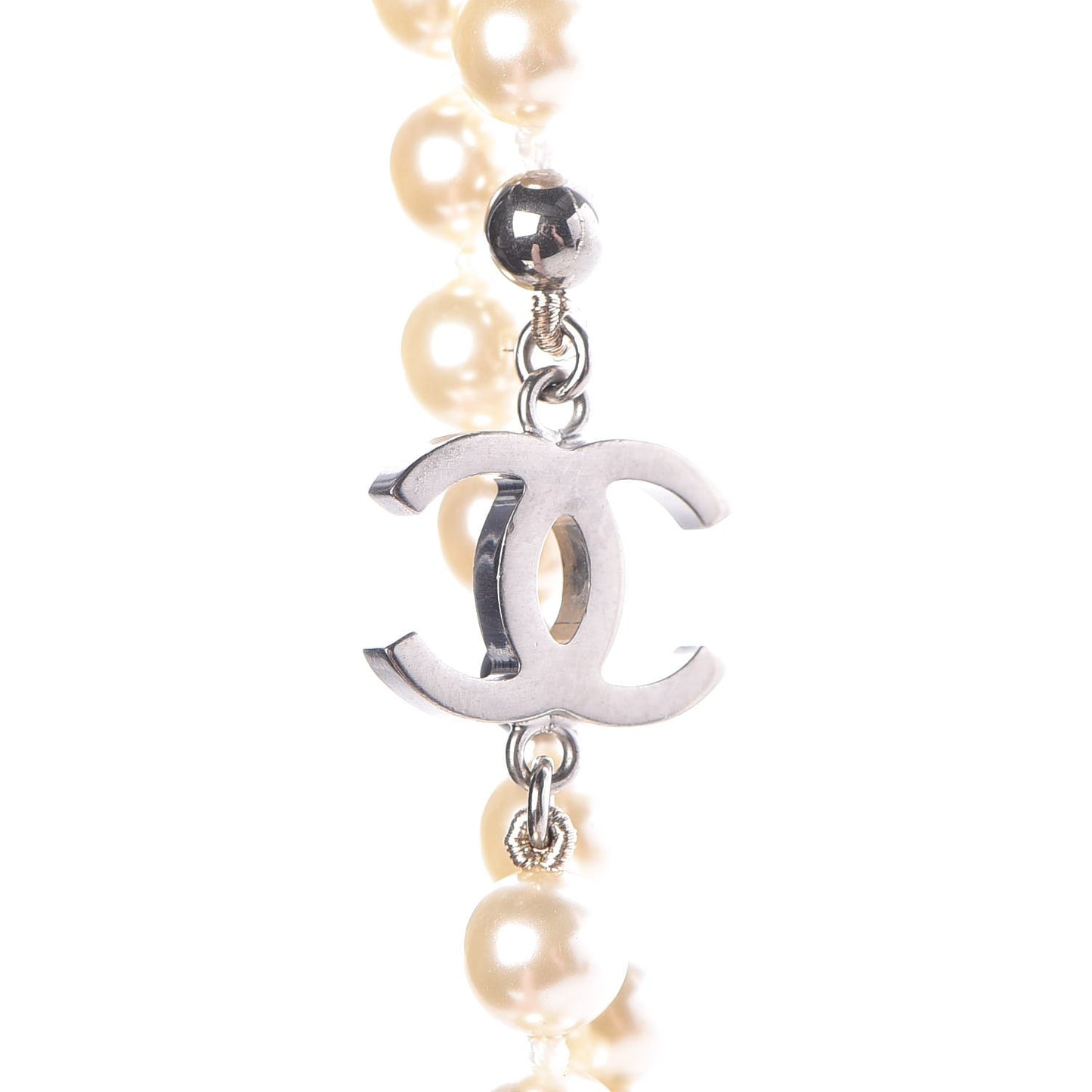 Pearl Bead CC Long Necklace Silver