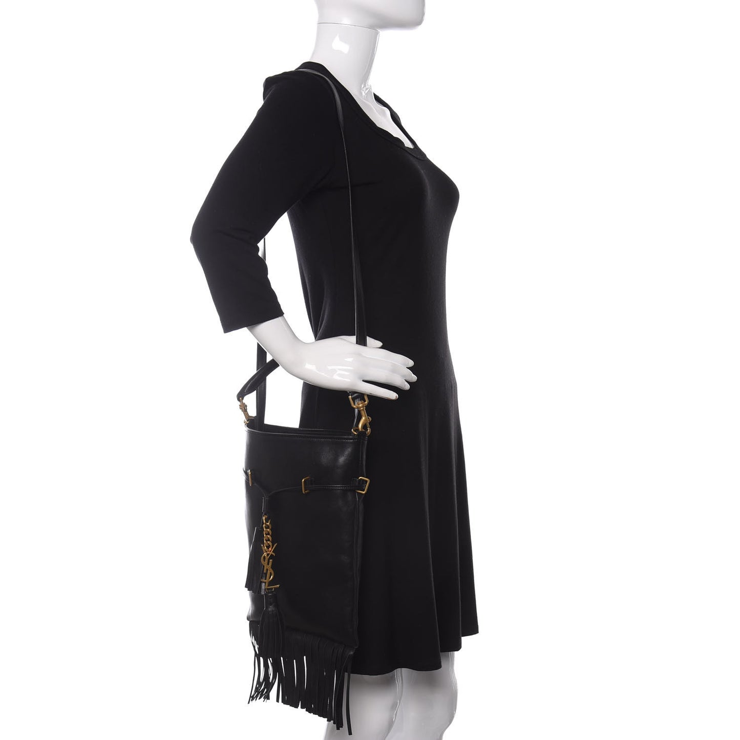 Calfskin Fringe Small Monogram Bucket Bag Black