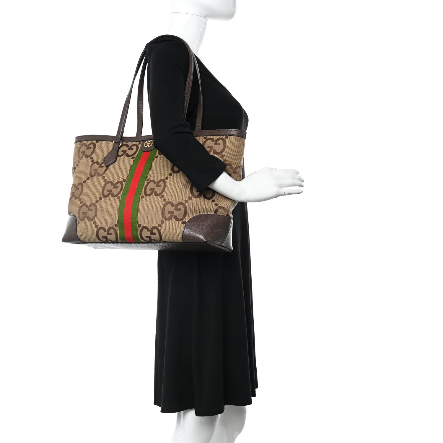 Gucci Monogram Jumbo GG Textured Dollar Calfskin Web Medium Ophidia Shopping Tote Camel Ebony 2 of 10