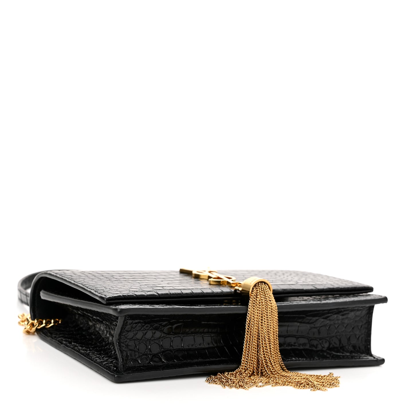 Calfskin Crocodile Embossed Kate Monogram Tassel Chain Wallet Black