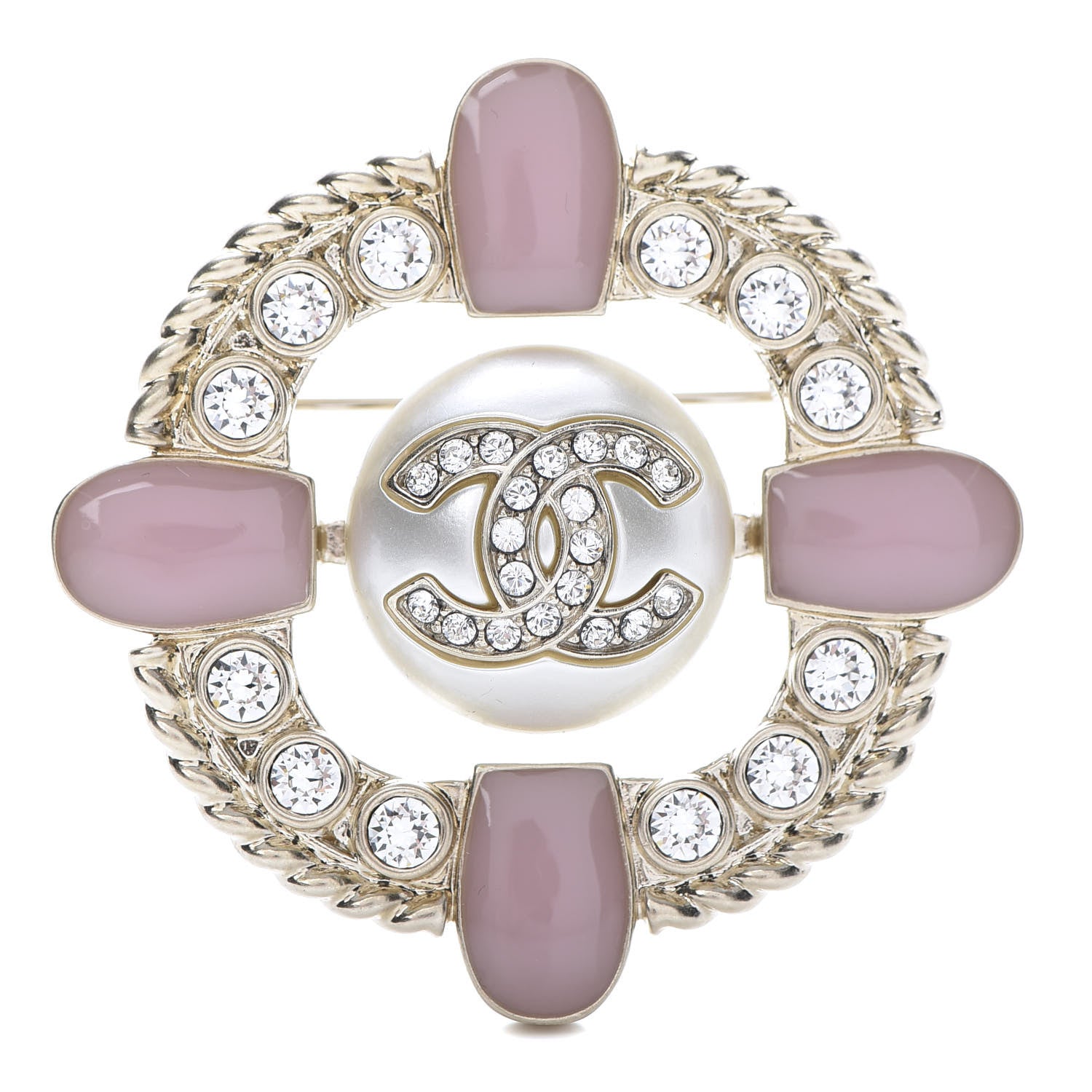 Chanel Crystal Pearl Enamel CC Brooch Gold Pink 1 of 5